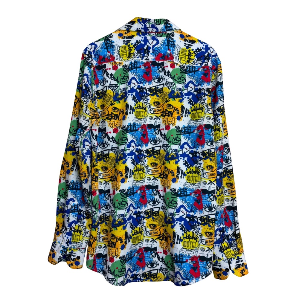 Suslo Couture Mens Slim Fit Graffiti Pop Art Button Down Shirt Multi Color M - Picture 2 of 13